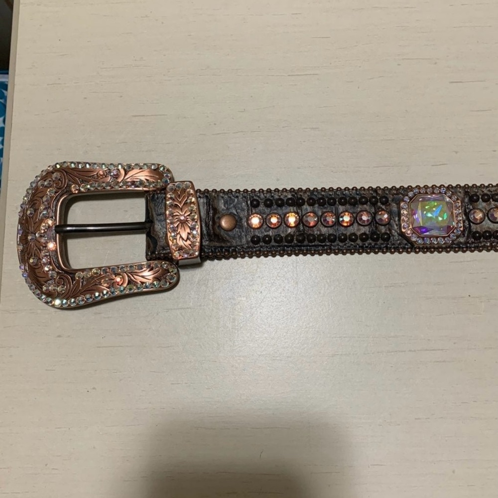 B.B. Simon Swarovski Crystal Brown Leather Bling Belt Iridescent Size XXL
